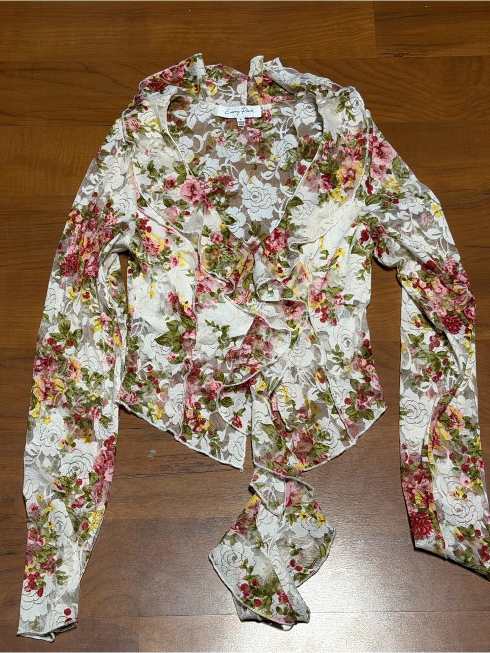 emory park White Sheer Floral Lace Tie-Front Blouse with Pink & Green Flowers